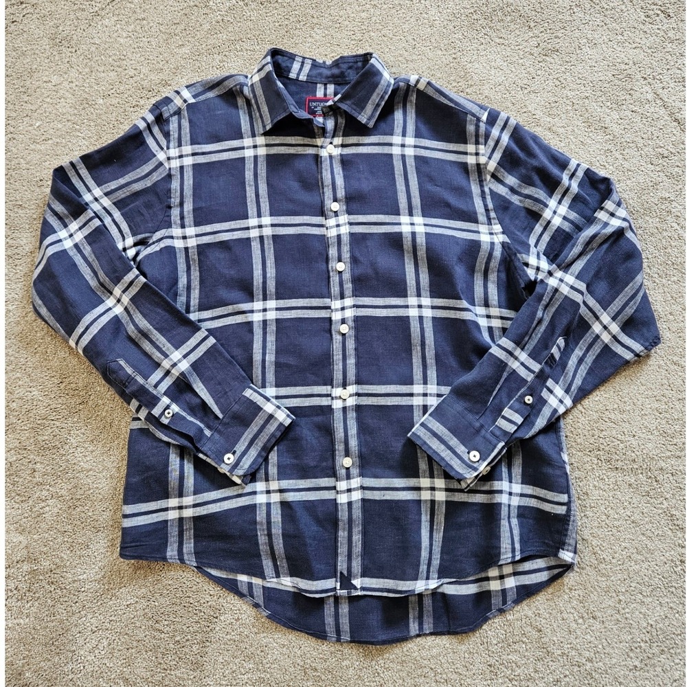 UNTUCKit Button Down Linen Shirt Mens Small Navy Blue Plaid Linen Long Sleeve